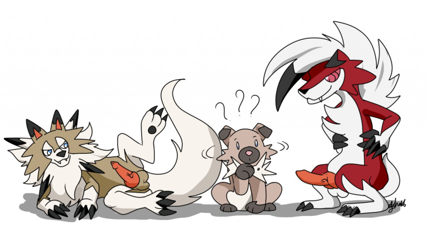 3boys ??? balls blue_eyes brown_fur choice claws erect_nipples feral furry lycanroc male male_only nelsonnoir pokemon pokemon_sm red_eyes red_fur rockruff tail