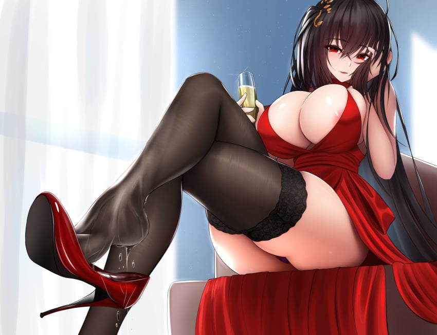 azur_lane big_breasts black_hair blush damao_yu drink feet foot_fetish high_heels huge_breasts legs legs_crossed nylons panties red_dress red_eyes shoe_dangle sitting taihou_(azur_lane) thighhighs