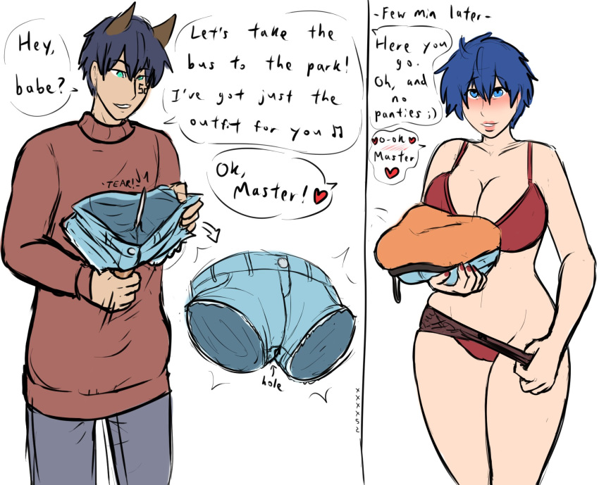 1boy 1girls 52_(xxxx52) aik_(xxxx52) assertive_male bare_legs bare_stomach blue_eyes blue_hair blush blushing bra breasts cleavage clothing dialogue easy_access female happy_sub hips horny_female huge_breasts legs_together lingerie master master_and_servant matching_underwear midriff mole navel_line panties panty_pull red_bra red_panties short_hair slim_waist smile torn_clothes underwear wide_hips willing_sub xxxx52