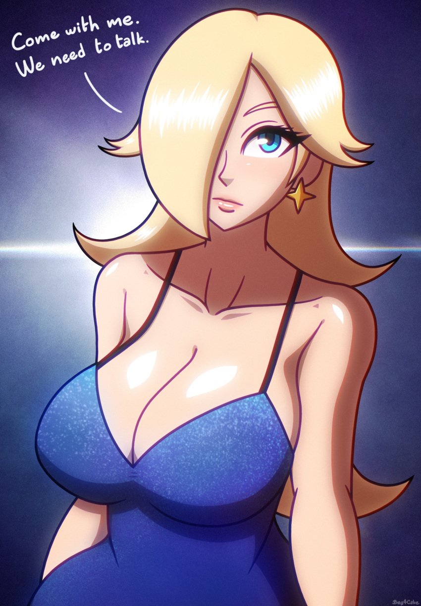 1girls 2022 beg4cake big_breasts blonde_female blonde_hair blue_eyes breasts clothed clothing dress earrings eyebrows_visible_through_hair eyelashes female huge_breasts long_hair mario_(series) princess_rosalina shiny_breasts shiny_skin solo super_mario_galaxy text white_skin yellow_hair