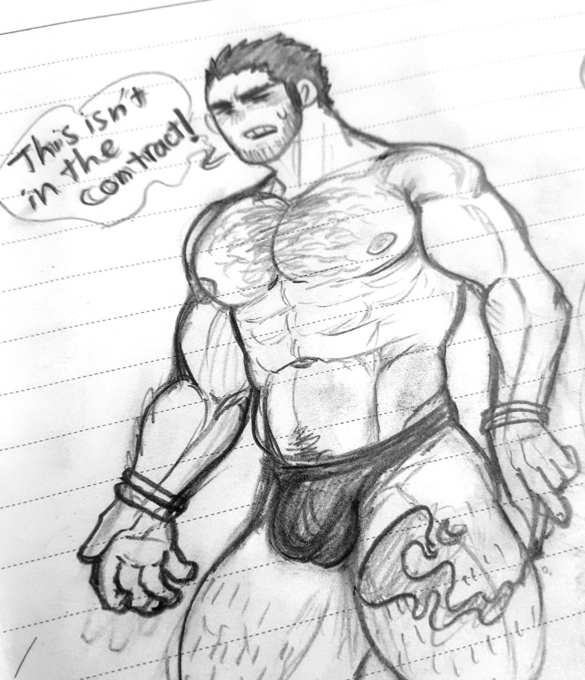 bara body_hair chest_hair cigarette gay leg_hair lucas_lee male_only monochrome scott_pilgrim sketch smoke speech_bubble speedo text tigergoru