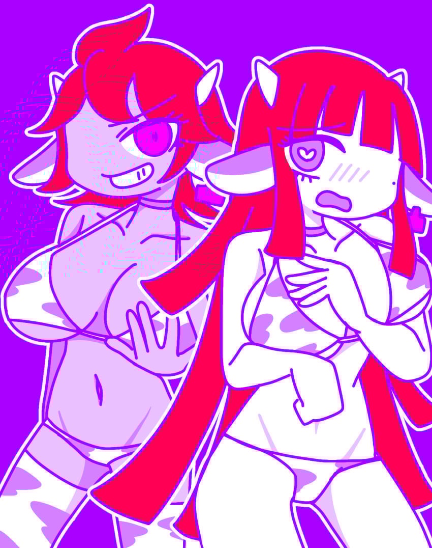 alternate_version_available anthro bikini breasts cow_print cow_print_bikini danganronpa danganronpa_2:_goodbye_despair embarrassed large_breasts owari_akane straight_hair tanned tanned_female tanned_skin thighhighs tsumiki_mikan