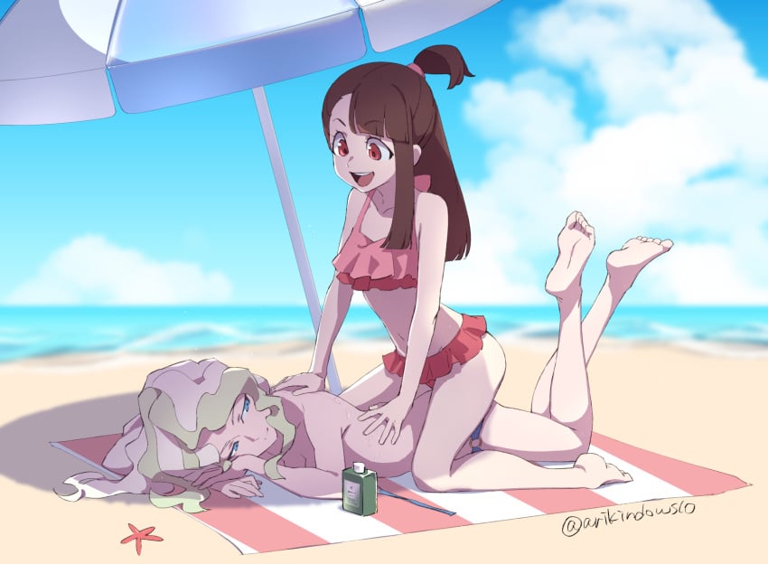 2girls akko_kagari arikindows10 artist_name artist_signature asymmetrical_bangs bangs beach beach_towel beach_umbrella bikini blonde_hair blue_eyes bottle brown_hair cleavage diakko diana_cavendish feet female female_only frilled_bikini frills green_hair head_on_arm kagari_atsuko kneeling laying_down legs_together legs_up little_witch_academia long_hair looking_back lotion lying_on_stomach massage navel o-ring o-ring_bikini o-ring_bottom ocean on_stomach open_mouth outdoors ponytail red_eyes rubbing sitting_on_person smiling starfish straddling sunbathing sunscreen suntan_lotion the_pose towel two_tone_hair umbrella untied_bikini water watermark white_hair yuri