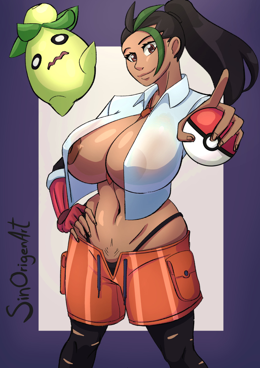 1girls alternate_body_type alternate_breast_size big_breasts black_hair breasts busty covered_nipples curvaceous curves curvy curvy_body curvy_female curvy_figure dark-skinned_female dark_skin female female_focus green_hair huge_ass huge_breasts large_breasts long_hair nemona_(pokemon) pantyhose pokemon pokemon_sv pokemon_trainer ponytail pubic_hair short_hair sinorigenart slim_waist small_clothes smoliv solo solo_female stretching thick_thighs tight_clothing underboob undersized_clothes uniform voluptuous wide_hips yellow_eyes