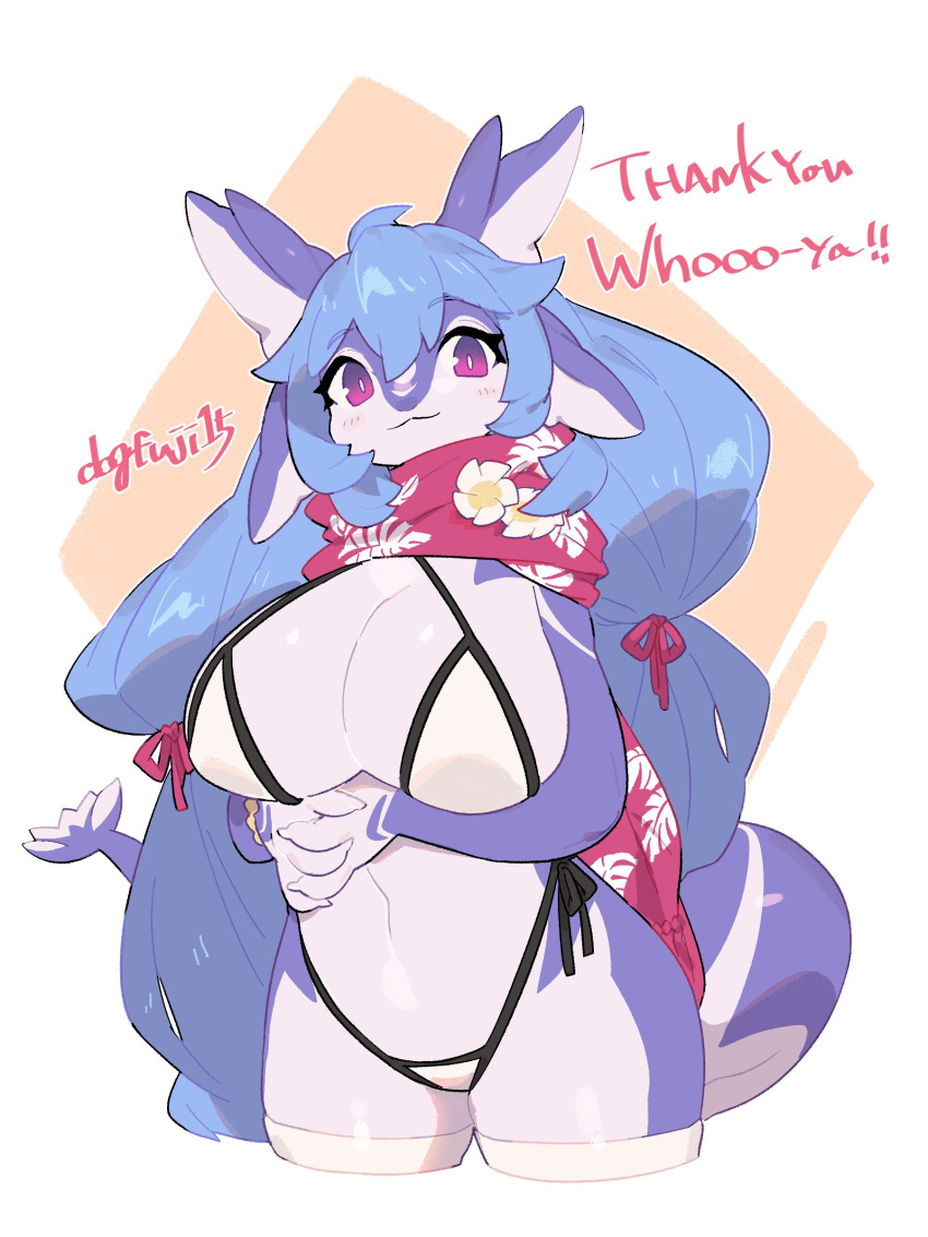 absurdres bikini blue_hair blue_scales commission dragon dragon_girl dragon_horns dragon_tail female furry furry_female highres horns inu_fuji long_hair original scarf skeb_commission smile socks swimsuit tail