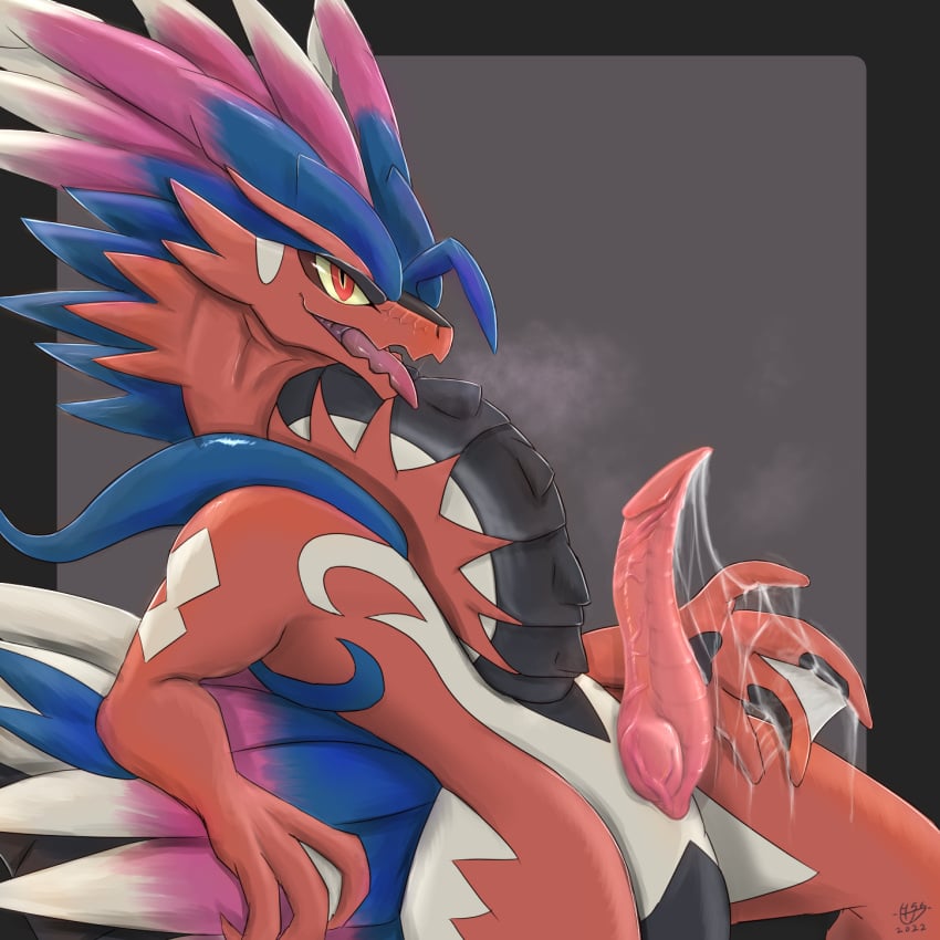 anthro dragon genitals h56_(hikkoro) hi_res koraidon male male_only nintendo penis pokemon pokemon_sv reptile scalie solo video_games wingless_dragon