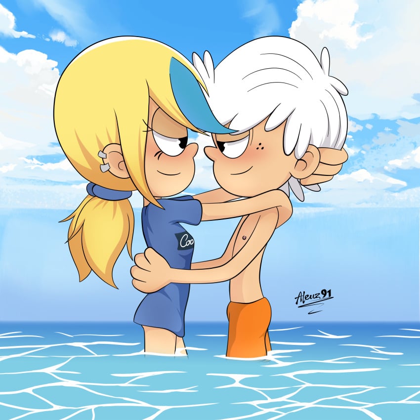 1boy 1girls aged_up aleuz91 beach bottomless_female commission duo earrings freckles hand_on_hip hand_on_shoulder hugging lincoln_loud looking_at_partner nickelodeon parody ponytail sam_sharp seaside shirt_only short_hair sky the_loud_house thighs topless_male