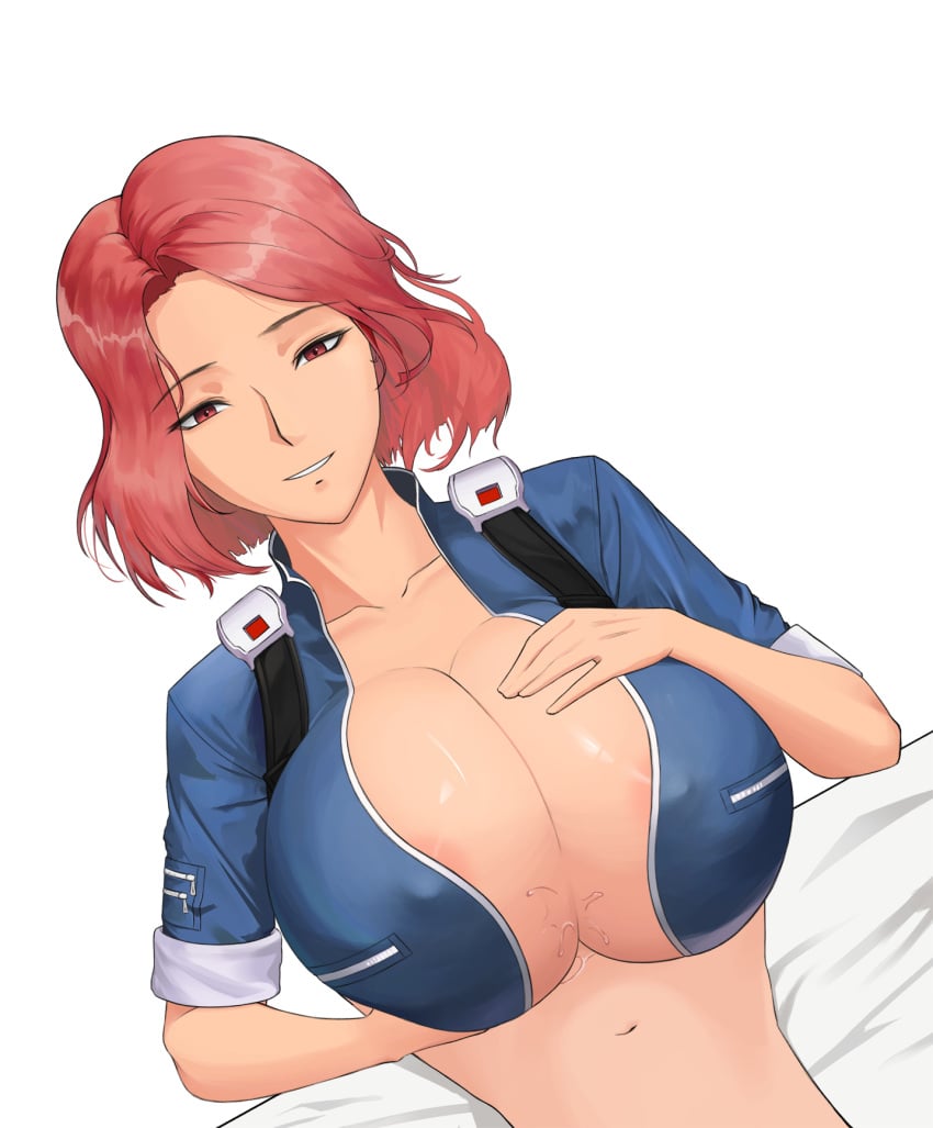 artist_request bangs bodysuit breasts clenched_teeth covered_nipples eyebrows_visible_through_hair female fortune_(last_origin) highres large_breasts last_origin looking_at_viewer open_mouth paizuri paizuri_under_clothes parted_bangs pov red_eyes red_hair shiny shiny_hair smile teeth tight