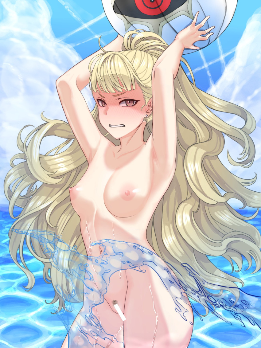 1girls angry armpits arms_up ball bangs beach beachball blonde_hair blush breasts brown_eyes censored cleavage clenched_teeth cloud cloudy_sky collarbone commission completely_nude day earrings eitri_(fire_emblem) embarrassed female female_only female_pubic_hair fire_emblem fire_emblem_heroes frown highres holding holding_ball holding_beachball jewelry long_hair looking_at_viewer navel nintendo nipples nude nude_female pocari66 ponytail pubic_hair sky small_breasts solo splashing teeth very_long_hair water