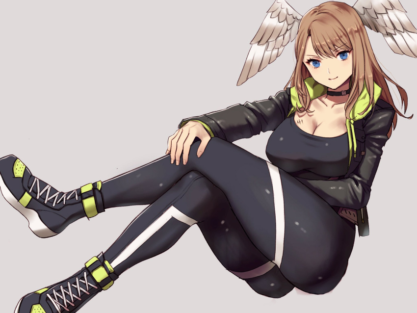 ass black_legwear blue_eyes bodysuit breast_tattoo breasts brown_hair cleavage eunie_(xenoblade) large_breasts monolith_soft nintendo oyasu oyasu_(kinakoyamamori) skintight thick_thighs thighs wings xenoblade_(series) xenoblade_chronicles_3