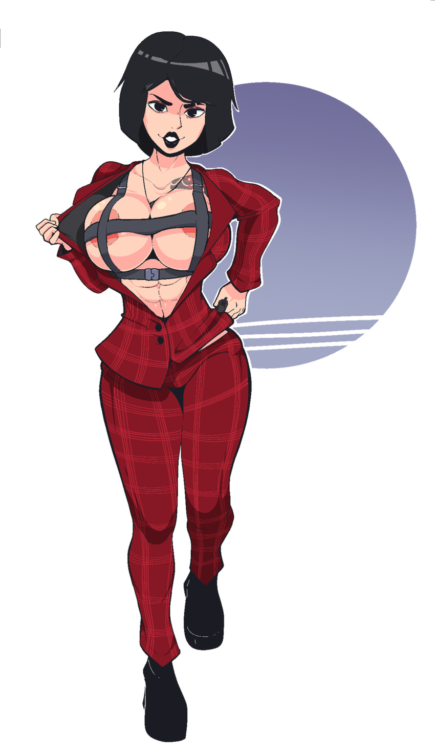 arashi_kurayami_(oc) artist_request asian asian_female badge black_hair bound_breasts breast_binding busty female female_focus flashing flashing_breasts foolymagooly gun hourglass_figure inverted_nipples makeup red_suit short_hair strap_bra tagme tattoo wide_hips