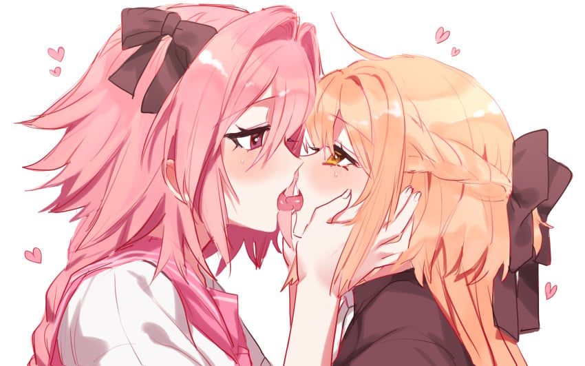 1boy 1girls astolfo_(fate) blush clothing crossdressing eyebrows_visible_through_hair fate_(series) female femboy femboy_on_female girly hands_on_face kissing koyashaka male open_mouth original_character straight tongue tongue_out topwear