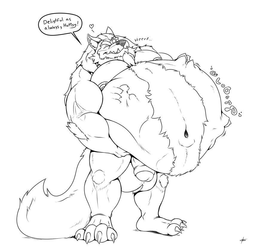 after_vore anthro balls belly big_belly canid canine canis closed_eyes flaccid genitals hi_res huttsergreywolf male mammal muscular muscular_male penis rumbling_stomach same_size_vore sharp_teeth solo stomach_bulge teeth vore wolf