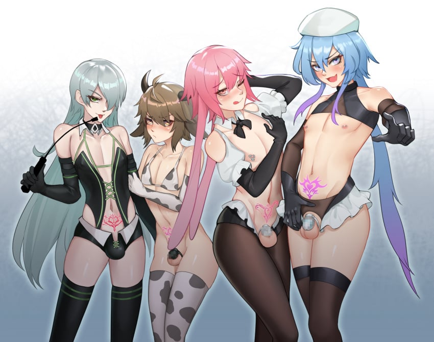 2022 4boys :p :q absurd_res ahoge animal_ears ansel_(arknights) arene arene_(arknights) arknights arm_up bare_shoulders beret bikini bison_(arknights) black_gloves blue_background blue_eyes blue_hair blush bottomless bow bowtie brown_eyes brown_hair bulge bunny_boy bunny_ears caged censored chastity chastity_cage chastity_device choker clothing cock_cage cow_boy cow_ears cow_print crossdressing detached_collar dominatrix elbow_gloves eyebrows_visible_through_hair eyes_visible_through_hair fangs femboy flat_chastity_cage frills gins gloves gradient_background gradient_hair hair_between_eyes hair_over_one_eye hand_behind_head hand_on_arm hand_on_ass hand_on_crotch hat heart heart_tattoo highres holding_riding_crop horns licking licking_lips long_ears long_hair looking_at_viewer male male_chastity male_only matching_hair/eyes micro_bikini micro_shorts midriff mizuki_(arknights) multicolored_background multicolored_hair multiple_boys naughty_face navel nipple_piercing nipples nub_chastity_cage one_eye_closed open_mouth pantyhose penis_cage piercing pink_eyes pink_hair pointing pointing_at_viewer pose pout pubic_tattoo purple_hair revealing_clothes riding_crop seductive short_hair shorts silver_hair simple_background skindentation small_chastity_cage small_penis smile standing swimsuit tattoo testicles thick_thighs thighs tongue tongue_out trap two_tone_background two_tone_hair very_long_hair white_background wide_hips wink zettai_ryouiki