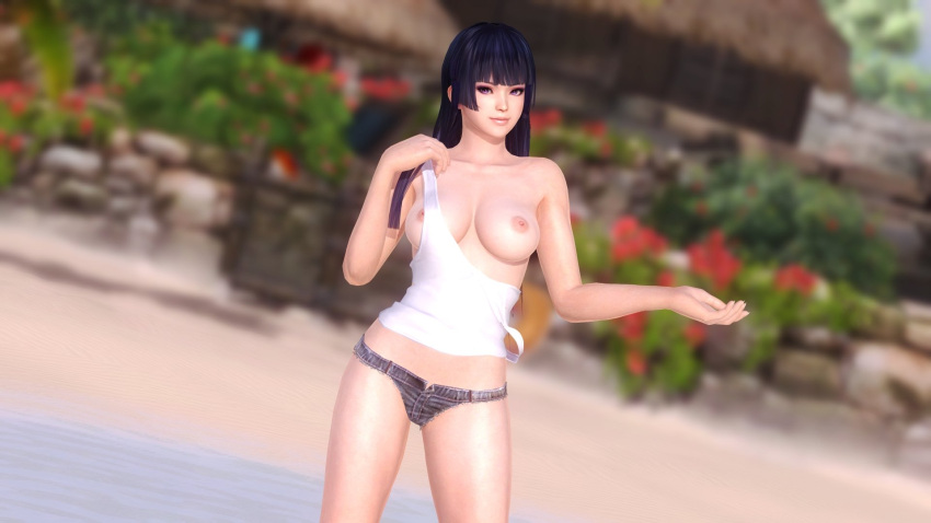 3d black_hair dead_or_alive longpole looking_at_viewer nyotengu purple_eyes short_shorts smile solo solo_female standing summer tanktop undressing