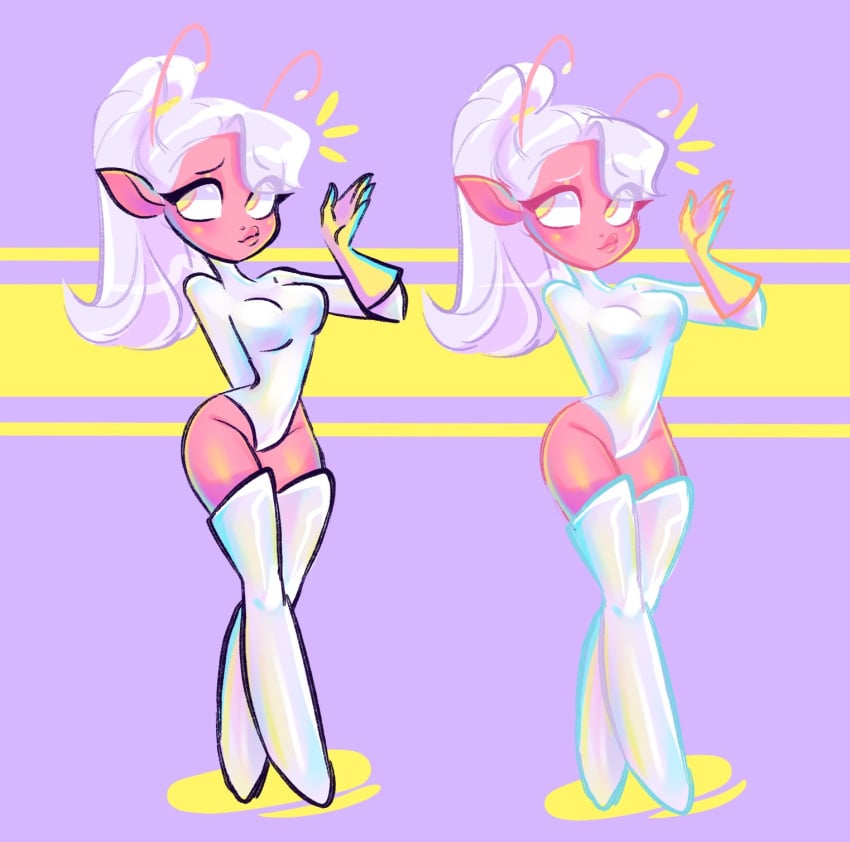 alien alien_girl antennae breasts cleavage crossed_legs crossed_legs_(standing) gloves hourglass_figure leotard long_ears long_legs long_sleeves ohthesunnyside pink_skin plump_lips pointed_ears ponytail purple_background space_girl_(ohthesunnyside) standing thigh_high_boots thighs thin_waist tight_clothing waving white_hair yellow_eyes