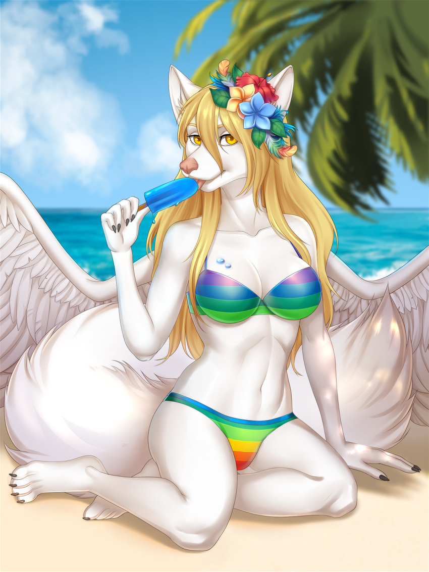 accessory anthro bikini blonde_hair canid canine clothing female flower flower_in_hair food fox hair hair_accessory hi_res littlemomoko looking_at_viewer mammal plant solo swimwear white_body wings