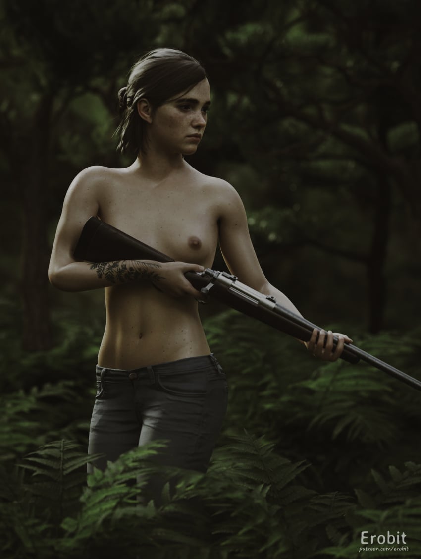 1girls 3d 3d_(artwork) abs areolae bottomwear breasts brown_hair casual clothing ellie_(the_last_of_us) ellie_williams erobit female female_focus female_only firearm forest forest_background freckles front_view gun half-dressed half_naked hi_res human jeans looking_away naughty_dog nipples nudity outdoors pale_skin pants pinup rifle short_hair small_breasts solo solo_female solo_focus sony_interactive_entertainment tattoo tattoo_on_arm tattooed_arm the_last_of_us the_last_of_us_2 tied_hair toned_female topless topless_female tree weapon