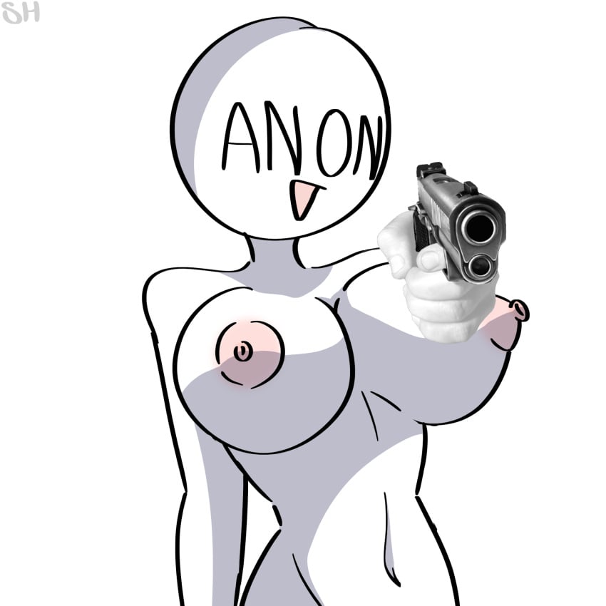 1girls anon anony_(spicyhxzel) anonymous anonymous_female bald_female bare_shoulders big_breasts breasts cleavage english_text eyeless female female_only funny gun holding holding_weapon huge_breasts humanoid large_breasts meme naked navel nipples no_eyes nude nude_female nudity oc open_mouth pistol shadow shitpost simple_background solo solo_female spicyhxzel_(artist) text thin_waist topless watermark weapon white_background white_body white_skin