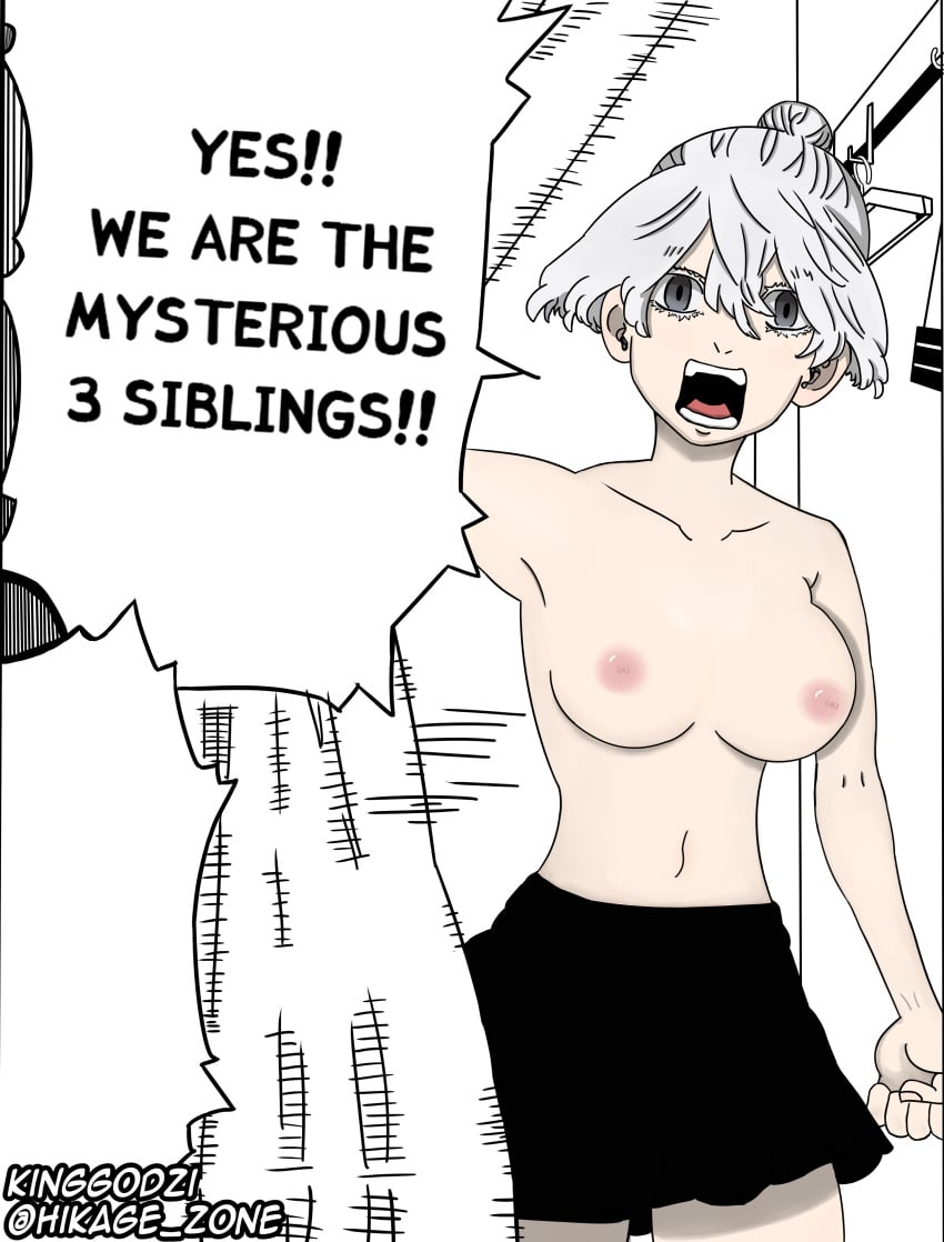 accidental_exposure breasts grey_eyes kinggodzi nipples no_bra senju_kawaragi silver_hair