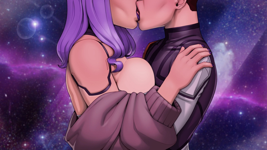 1boy 1girls breasts breasts_on_chest celine_(stellar_dream) clothed clothed_female clothed_male cybernetics embrace exposed_shoulders female hand_on_shoulder kissing male male/female purple_hair purple_lipstick stellar_dream tongue winterlook