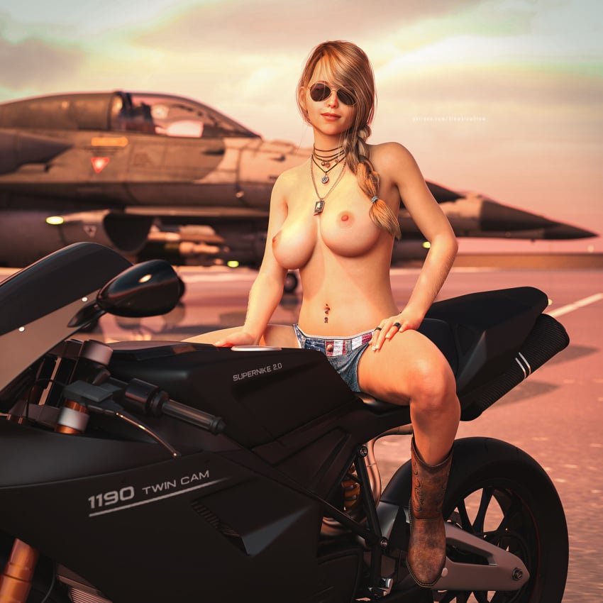 aircraft aviator_sunglasses bike blawblawblaw blonde_hair blue_eyes boots braided_ponytail breasts denim denim_shorts exhibitionism farmgirl female female_only fighter_jet french_braid laura_(blawblawblaw) military military_vehicle motorcycle navel nipples nudity partially_clothed petite public public_nudity sitting sitting_on_motorcycle slushe_(website) spread_legs sunglasses tinted_eyewear topless vehicle vraid