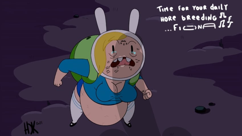 1girls accurate_art_style adventure_time backpack bag belly big_belly big_breasts blonde_hair breasts cleavage edit female female_focus fionna_the_human_girl hardu human pale_skin penis_silhouette pregnant screenshot_edit silhouetted_penis