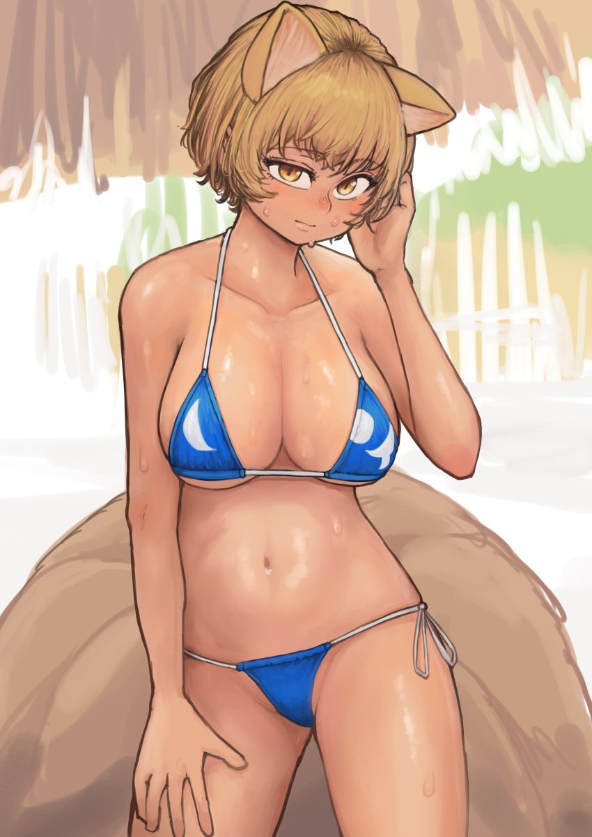 absurdres animal_ears bangs bikini blonde_hair blue_bikini blush breasts chanta_(ayatakaoisii) confused confused_look confusion contrapposto cowboy_shot eyebrows_visible_through_hair female female_only fox_ears fox_tail hand_up highres large_breasts looking_at_viewer multiple_tails navel no_hat no_headwear ran_yakumo short_hair simple_background slit_pupils solo sweat sweating swimsuit tail tan tanline touhou wet yellow_eyes