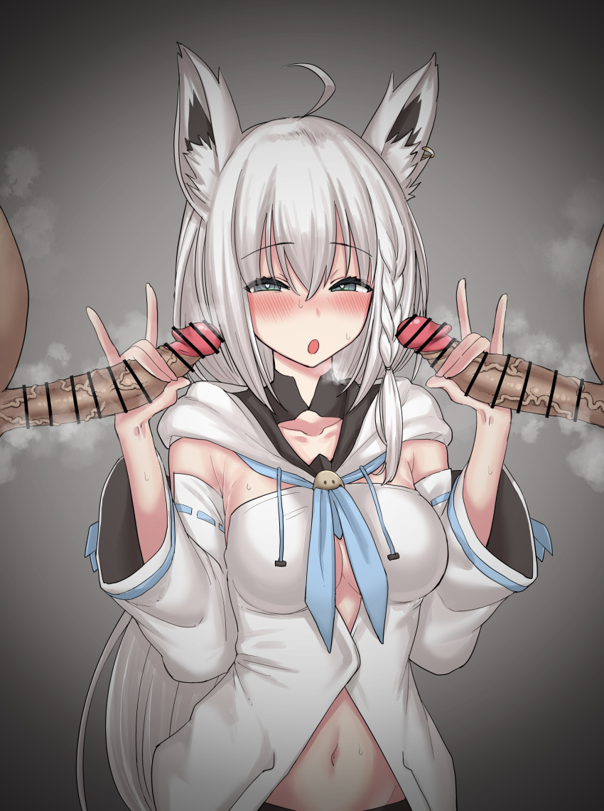 1girls 2boys \m/ absurdres akkgsyk animal_ears bar_censor blue_eyes braid breasts censored cleavage dark-skinned_male dark_skin detached_sleeves double_handjob erection female fox_ears handjob heart heart-shaped_pupils heavy_breathing highres hololive hololive_gamers hololive_gen_1 hololive_japan interracial large_penis light-skinned_female light_skin long_hair looking_at_viewer mmf_threesome multiple_boys navel open_mouth penis penis_awe shirakami_fubuki straight symbol-shaped_pupils threesome virtual_youtuber white_hair