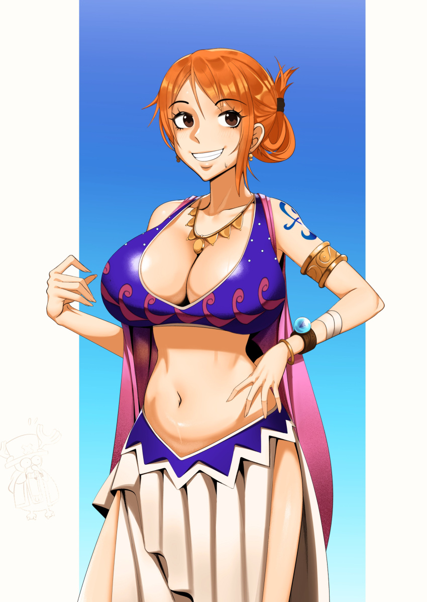 1girls 2022 alabasta belly_button belly_dancer belly_dancer_outfit breasts brown_eyes cleavage female female_only hand_on_hip harem_girl harem_outfit hips huge_breasts kevbot long_hair midriff nami navel one_piece orange_hair pre-timeskip short_hair shoulder_tattoo slim_waist smile solo tattoo thick_thighs thighs tied_hair wide_hips