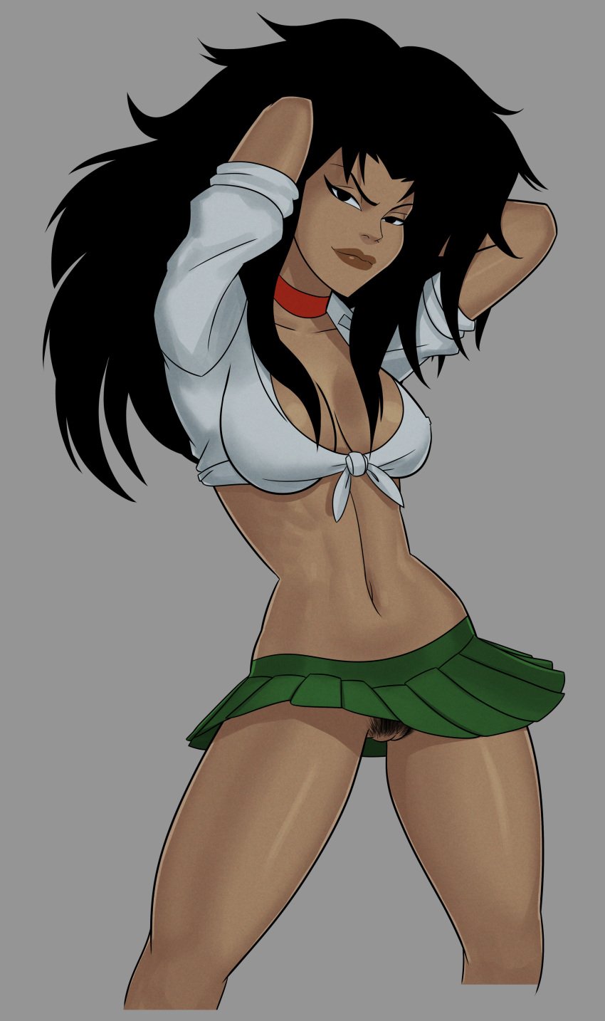 black_hair cheshire dc dc_comics jade_nguyen looking_at_viewer miniskirt no_panties school_uniform skirt something_unlimited sunsetriders7 tagme tied_shirt young_justice