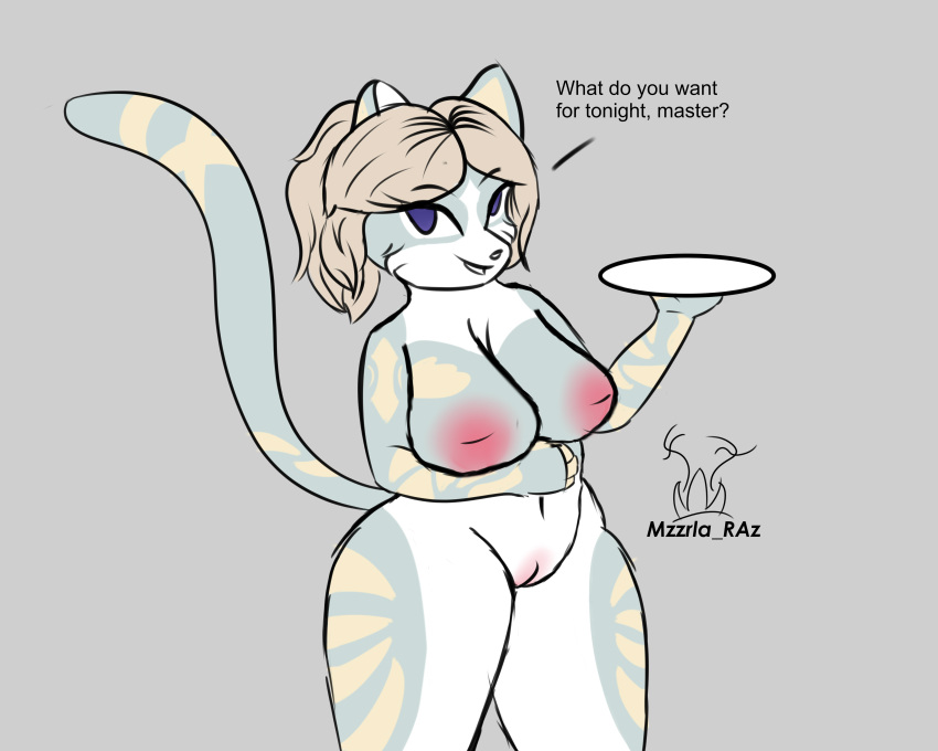 absurd_res anthro big_breasts breasts dialogue digital_media_(artwork) domestic_cat english_text felid feline felis female fur furry furry_only genitals hair hi_res holding_object holding_plate large_breasts looking_at_viewer mammal mzzrlaraz nude pink_pussy plate pussy simple_background solo standing tail text thick_thighs