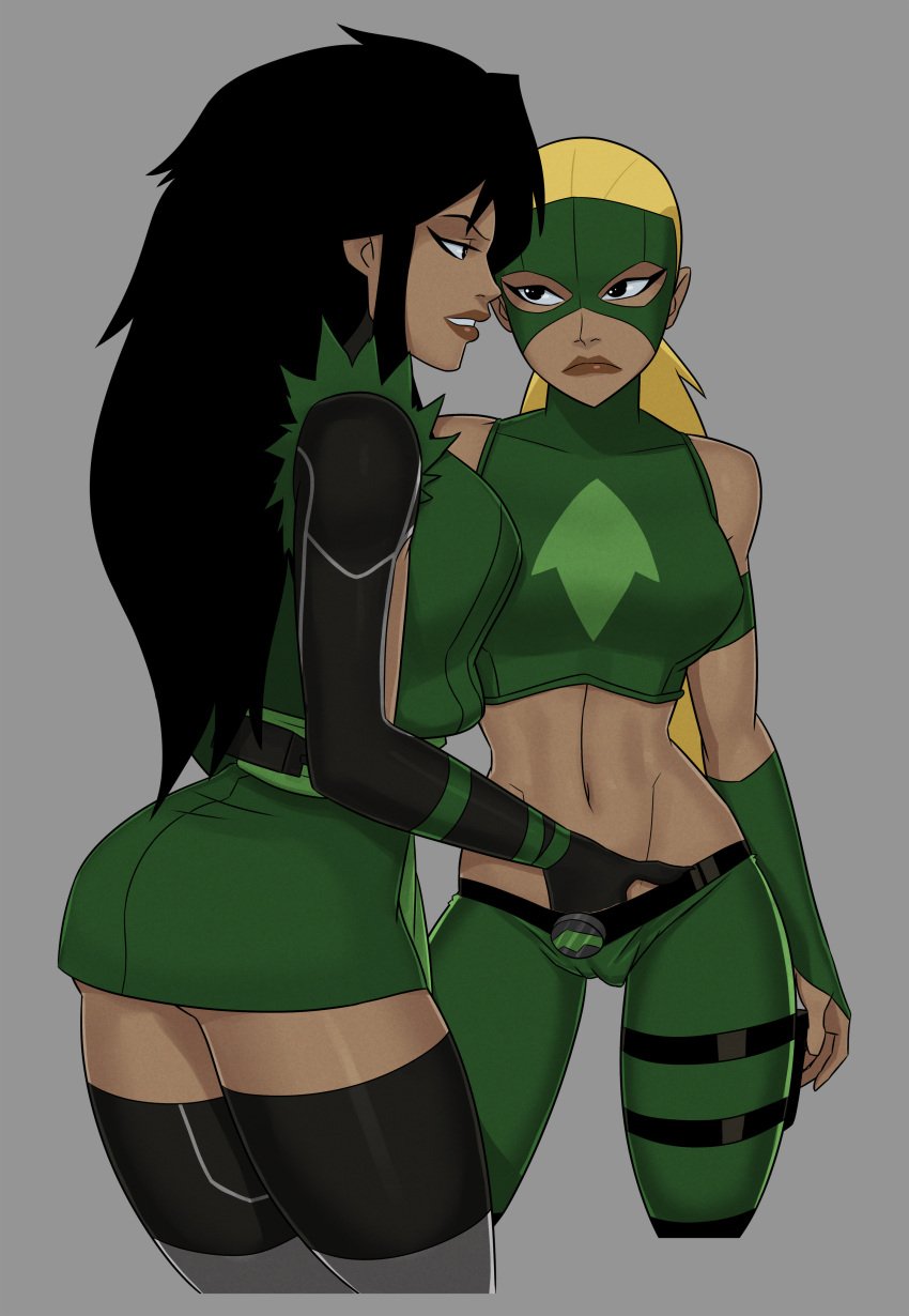 2girls artemis_(dc) artemis_crock blonde_female cheshire clothed dc dc_comics fingering hands_in_pants incest jade_nguyen multiple_girls sisters something_unlimited sunsetriders7 young_justice yuri