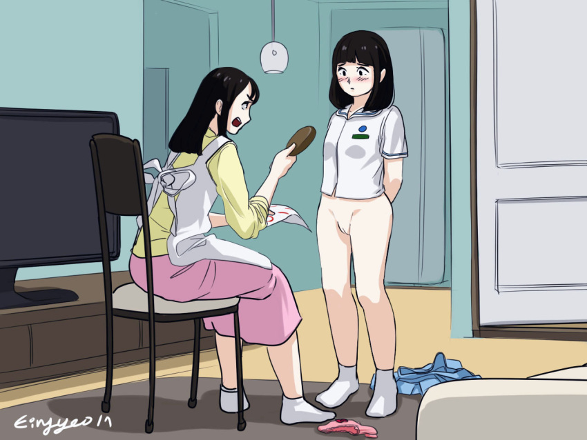 angry apron before_spanking black_eyes black_hair blush blushing bottomless discipline eingyeo embarrassed hands_behind_back mother_and_daughter original_character panties_on_floor school schoolgirl screaming shaved_pussy shocked shocked_eyes sitting skirt_removed yelling