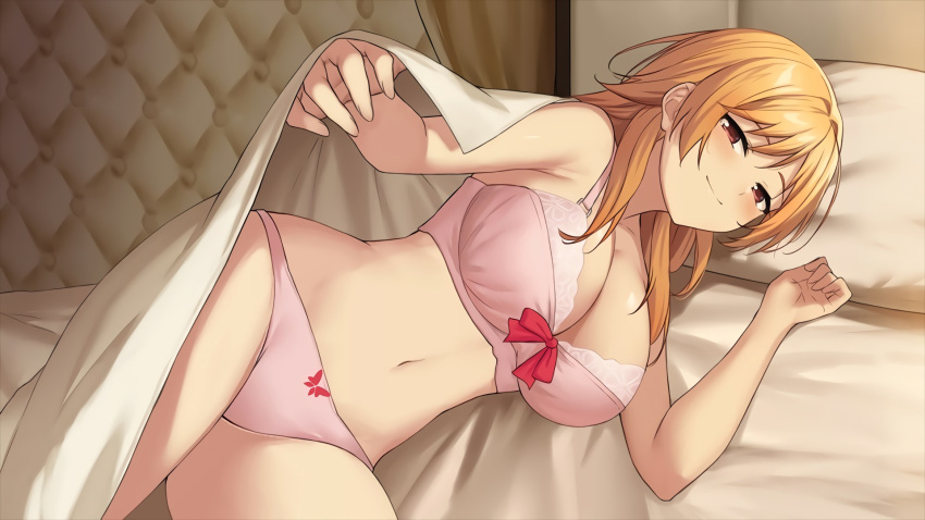 1girls akari_hanao bed blonde_hair bra female female_only legs moe_ninja_girls panties provocative sheets smile