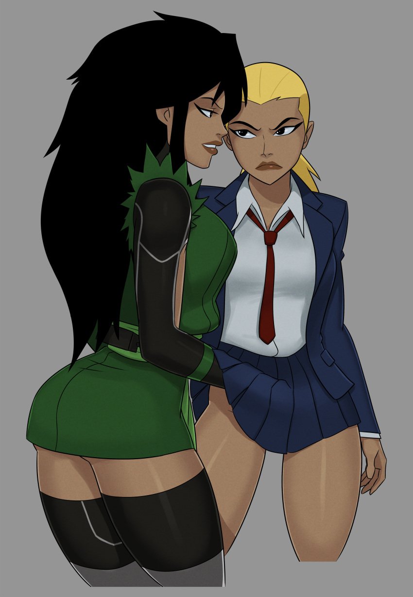 alternate_version_available artemis_(dc) artemis_crock cheshire clothed dc dc_comics fingering implied_fingering incest jade_nguyen no_panties pleated_skirt school_uniform sisters skirt something_unlimited sunsetriders7 young_justice yuri