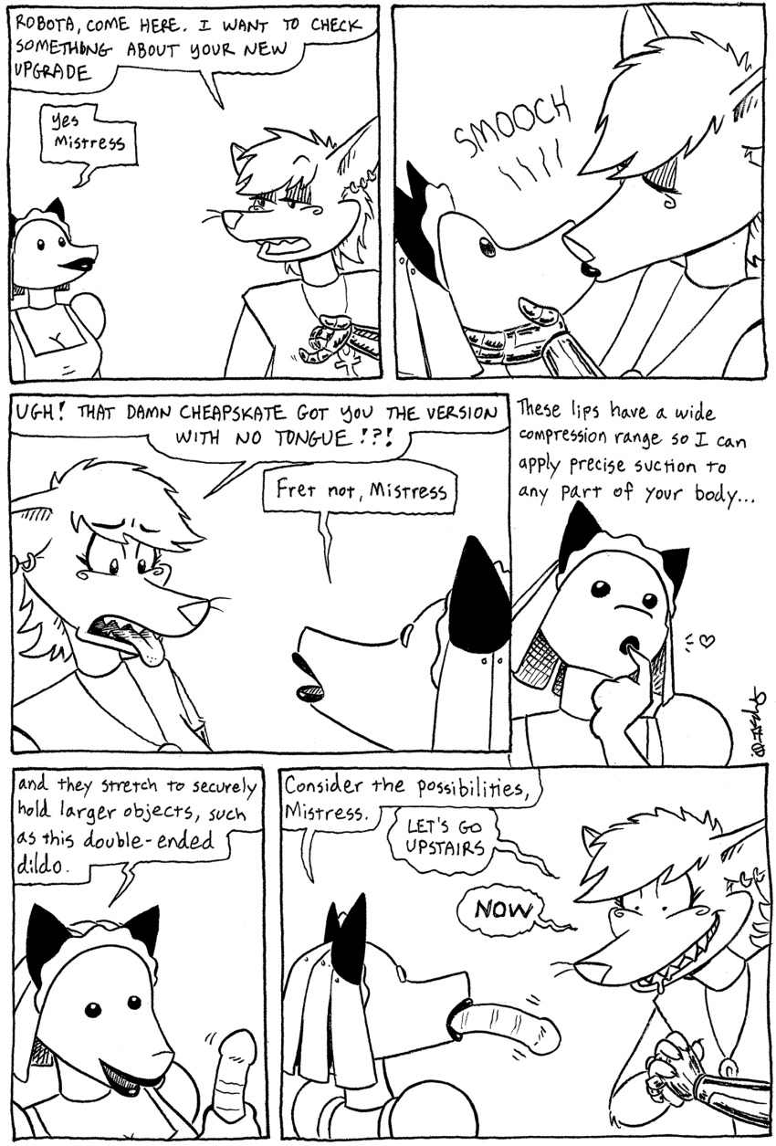 black_and_white canid canine canis clothing comic cybernetics cyborg female fox hi_res humor jackal machine maid_uniform male mammal monochrome robot sex tegerio uniform