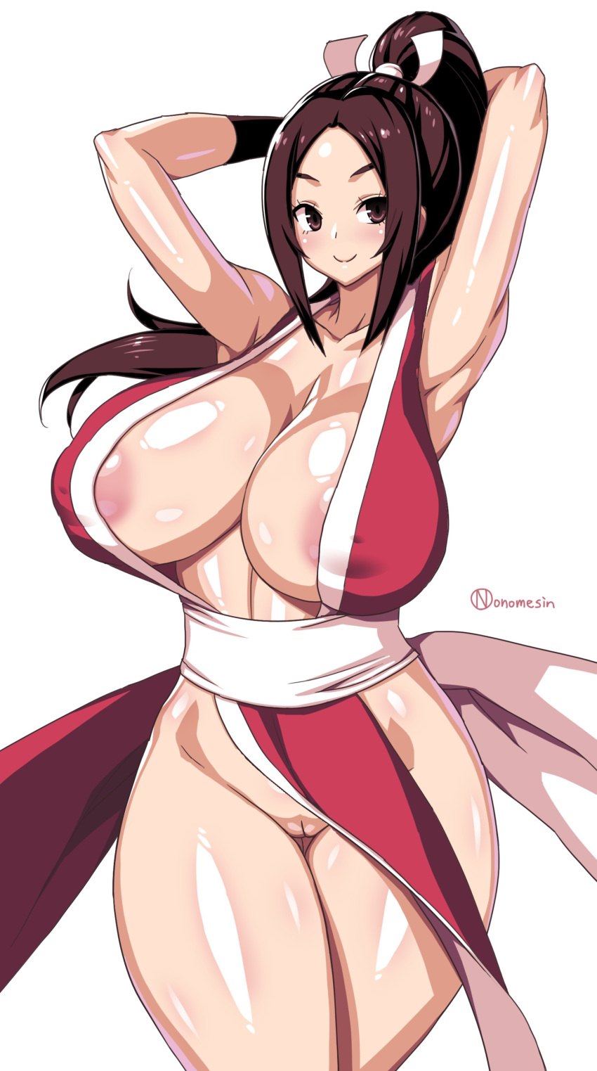 accidental_exposure areola_slip areolae armpits arms_behind_head arms_up big_sister blush breasts brown_eyes brown_hair clavicle cleavage cowboy_shot curvaceous fanbox_reward fatal_fury female female_focus female_only female_solo full_cleavage high_resolution huge_breasts light-skinned light-skinned_female long_hair looking_at_viewer mai_shiranui matching_hair_and_eye_color milf ninja no_bra no_panties no_underwear nopan onee-chan onomeshin paid_reward pelvic_curtain pelvic_curtain_aside ponytail puffy_areolae puffy_areolae_under_clothes pussy revealing_clothes shiny shiny_skin smile solo thighs third-party_edit tied_hair uncensored vagina very_high_resolution white_background