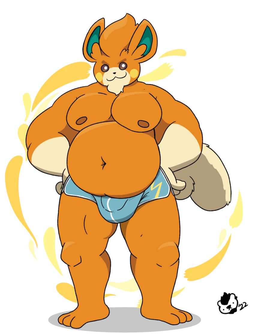 :3 anthro anthrofied baron_montesque belly bottomwear bulge cel_shading clothing digital_media_(artwork) fluffy fluffy_tail fur furry furry_only hands_on_hips hi_res hotpants male male_only mammal moobs mouse multicolored_body murid murine musclegut muscular navel nintendo nipples orange_body orange_fur overweight pawmi petals pokémon_(species) pokemon pompadour rodent shaded shorts signature simple_background solo tail tan_body tan_fur two_tone_body video_games