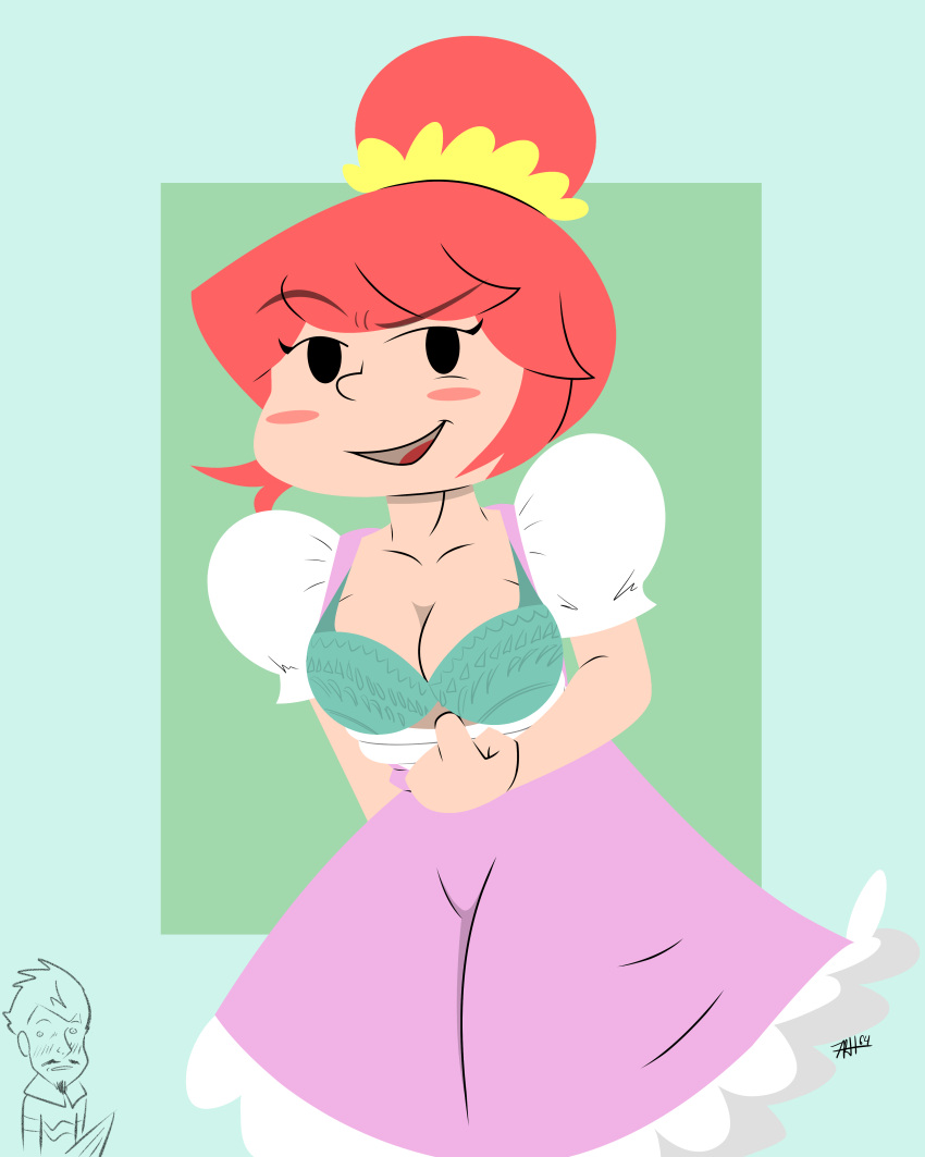 blue_bra bra duster_(mother) erection_under_clothes joe_rodher kumatora mob_face mother_(series) mother_3 nintendo no_outlines pink_dress pulled_by_self pulling_clothing red_hair smile