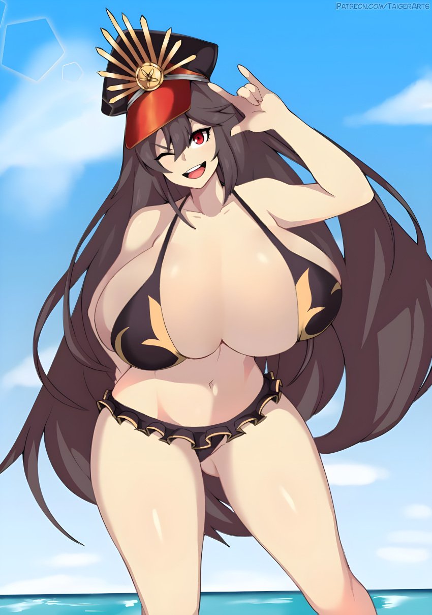 1girls alternate_breast_size bikini black_bikini black_hair breasts fate/grand_order fate_(series) female female_only huge_breasts large_breasts long_hair oda_nobunaga_(fate) red_eyes smile solo taigerarts wink