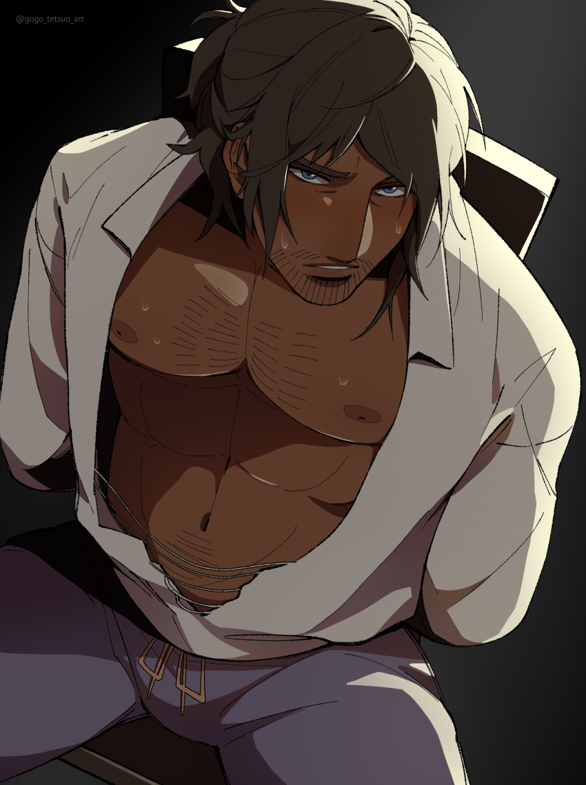 1boy bara big_pecs blackguard_big_boggart chest_hair dark-skinned_male dark_skin elden_ring fromsoftware gogo_tetsuo_art high-angle_view male male_only open_clothes open_shirt sitting solo tied_up