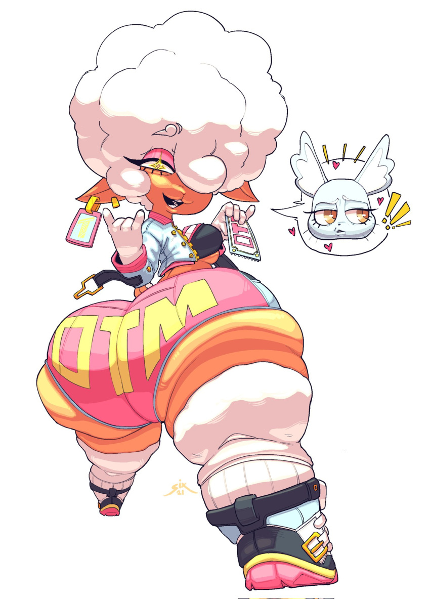 ! aggressive_retsuko aggretsuko ass bottom_heavy breasts earrings female fur hair_over_one_eye heart huge_ass manaka_(aggretsuko) sanrio sheep sixsidesofmyhead speech_bubble text_on_clothing thick_thighs thorn_(ownintime) wide_hips