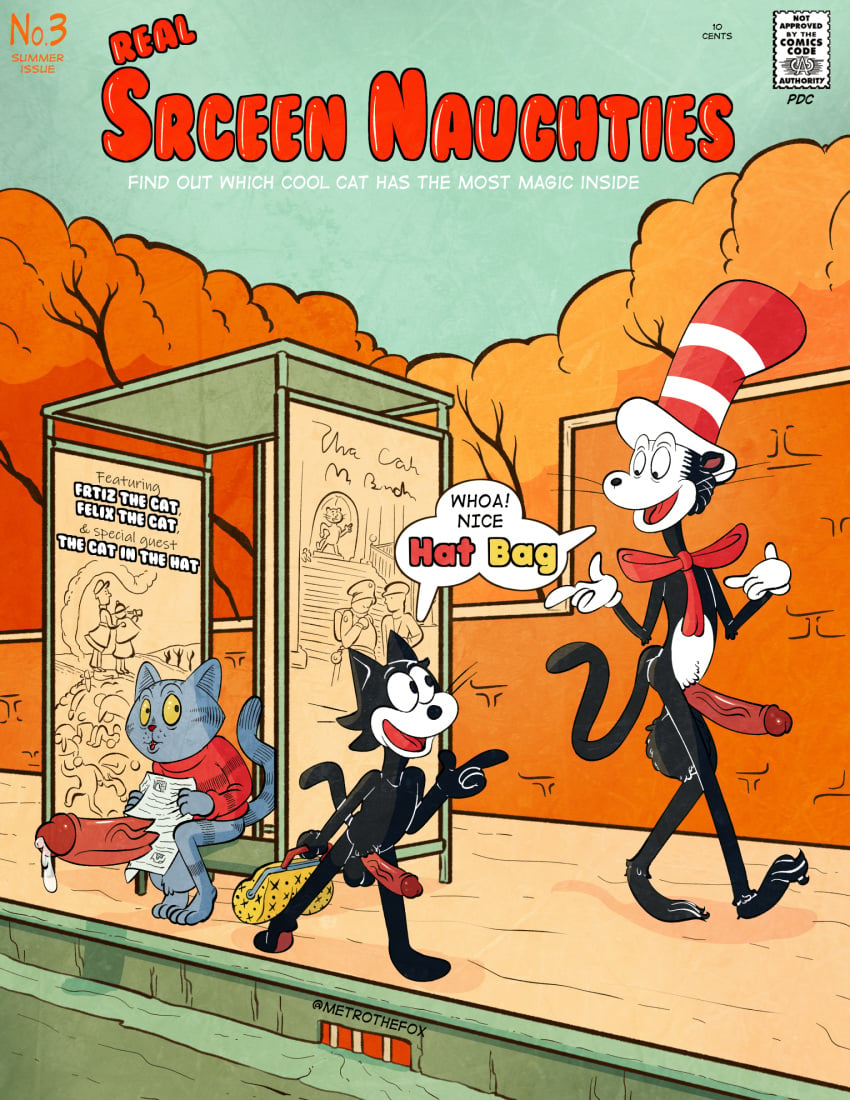 absurd_res anthro anthro_male bodily_fluids bus_stop casual casual_erection casual_exposure casual_nudity cover cover_art cover_page domestic_cat dr_seuss dreamworks erection feline felix_the_cat felix_the_cat_(series) fritz_the_cat fritz_the_cat_(character) genital_fluids group hi_res male male/male mammal metrothefox precum public the_cat_in_the_hat the_cat_in_the_hat_(character) trio universal_studios