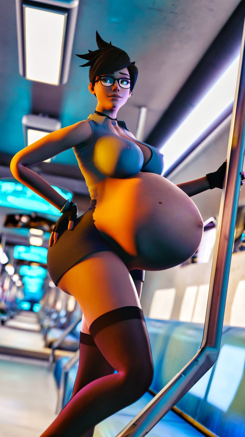 1girls 3d belly big_belly big_breasts breasts brown_hair clubzenny female glasses large_breasts nipple_bulge overwatch pregnant short_hair tracer