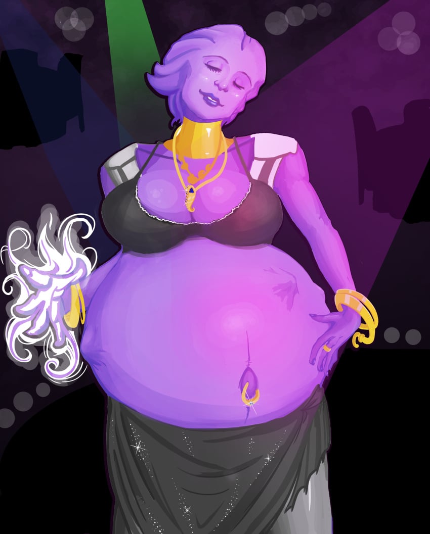 1girls alien asari belly big_belly big_breasts blue_skin breasts cleavage closed_eyes female fetal_movement hand_on_belly mass_effect navel_piercing pregnant xcel-zero