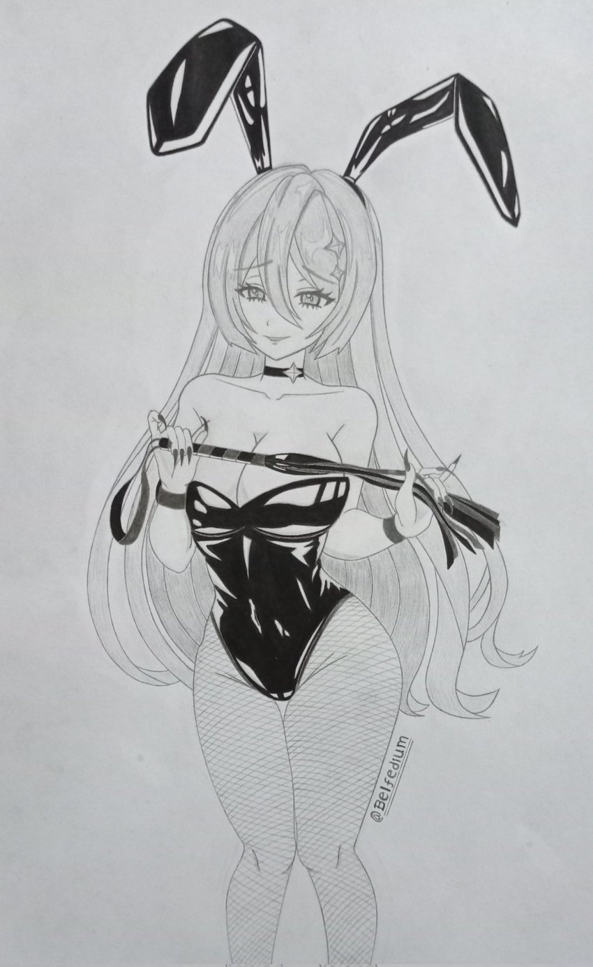 1girls 2022 5_fingers belfedium bunny_ears bunnysuit female female_only greyscale hair_ornament himea_d'almaria long_hair solo solo_focus thighs twitter_username virtual_youtuber wactor wactor_es wactor_production