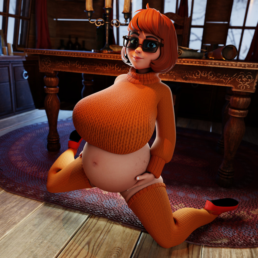 1girls 3d belly big_belly big_breasts breasts brown_hair clubzenny female glasses large_breasts pregnant scooby-doo solo_female sweater velma_dinkley