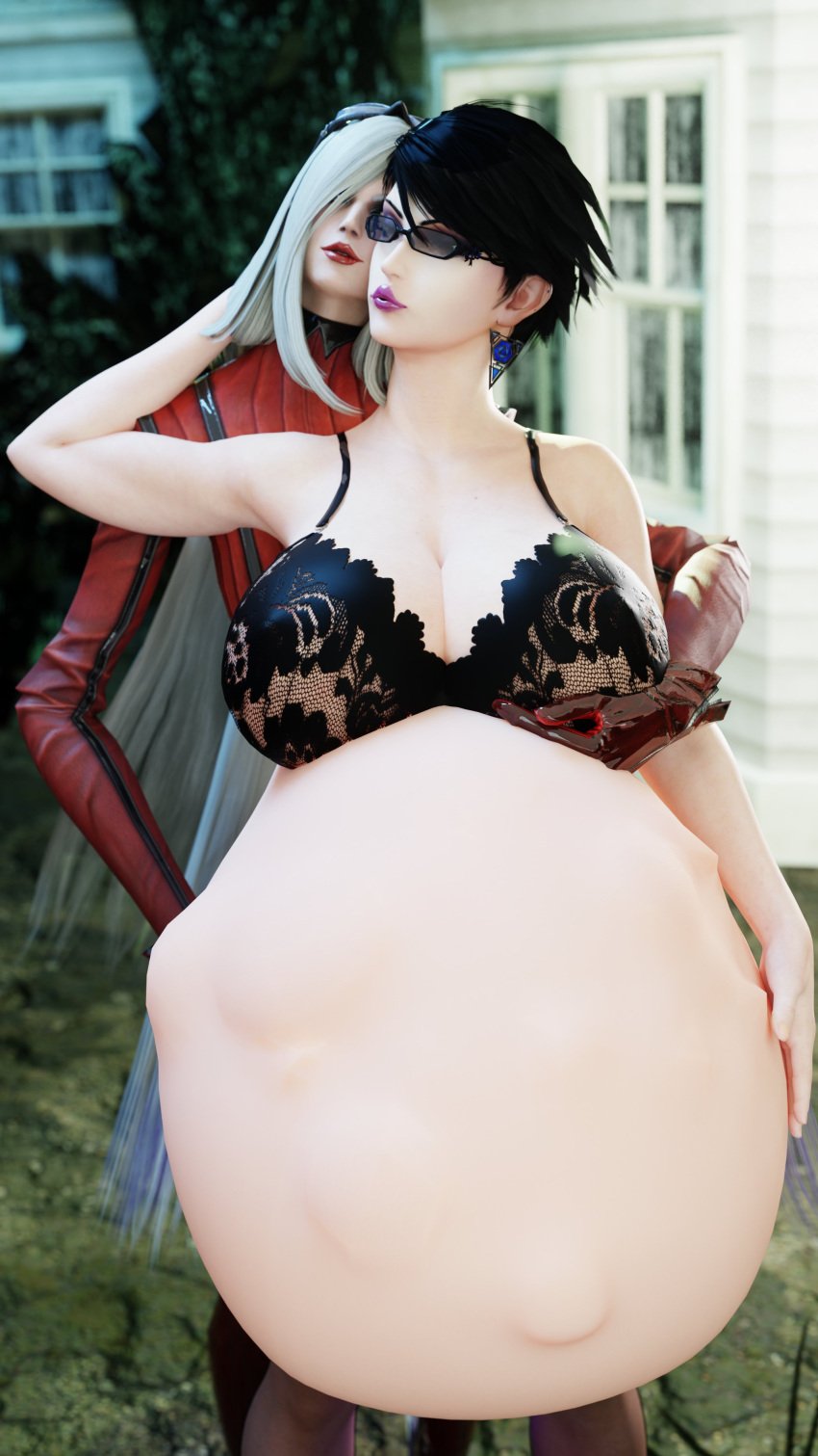 2girls 3d bayonetta bayonetta_(character) belly big_belly big_breasts black_hair bra breasts cleavage clubzenny female fetal_movement huge_belly hyper_pregnancy jeanne_(bayonetta) large_breasts pregnant white_hair yuri yuri