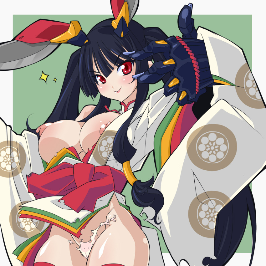 1girls big_breasts black_hair breasts bunny_ears kaguya_(queen's_blade) long_hair nipples red_eyes thick_thighs torn_clothes yaochou